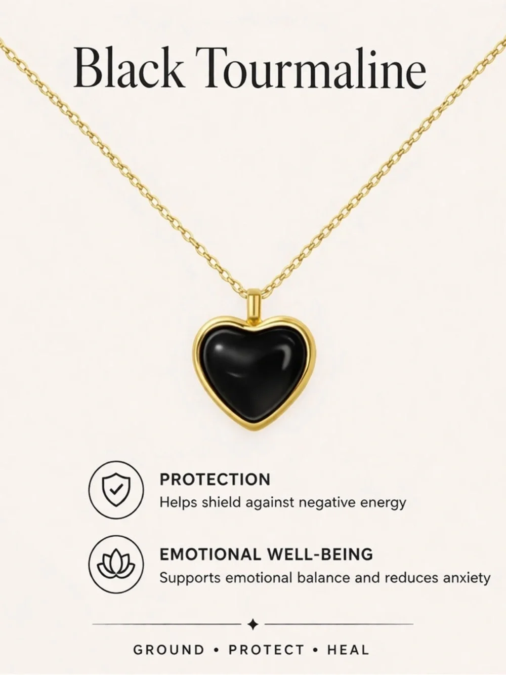 Black Tourmaline Heart Pendant Necklace Gold Chain Natural Gemstone - Picture 2 of 6